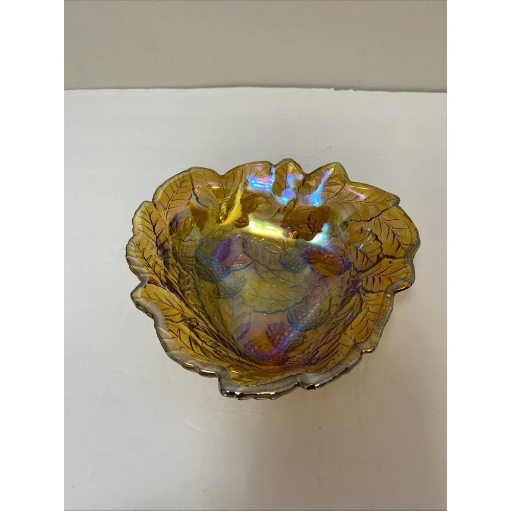 Vintage Indiana Carnival Glass Loganberry Leaf Amber Marigold Candy Dish Bowl